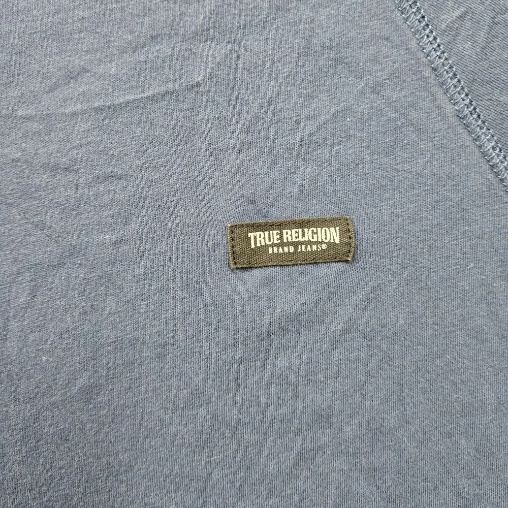 True Religion Men Shirt M/M Blue Henley Button Logo Long Sleeve